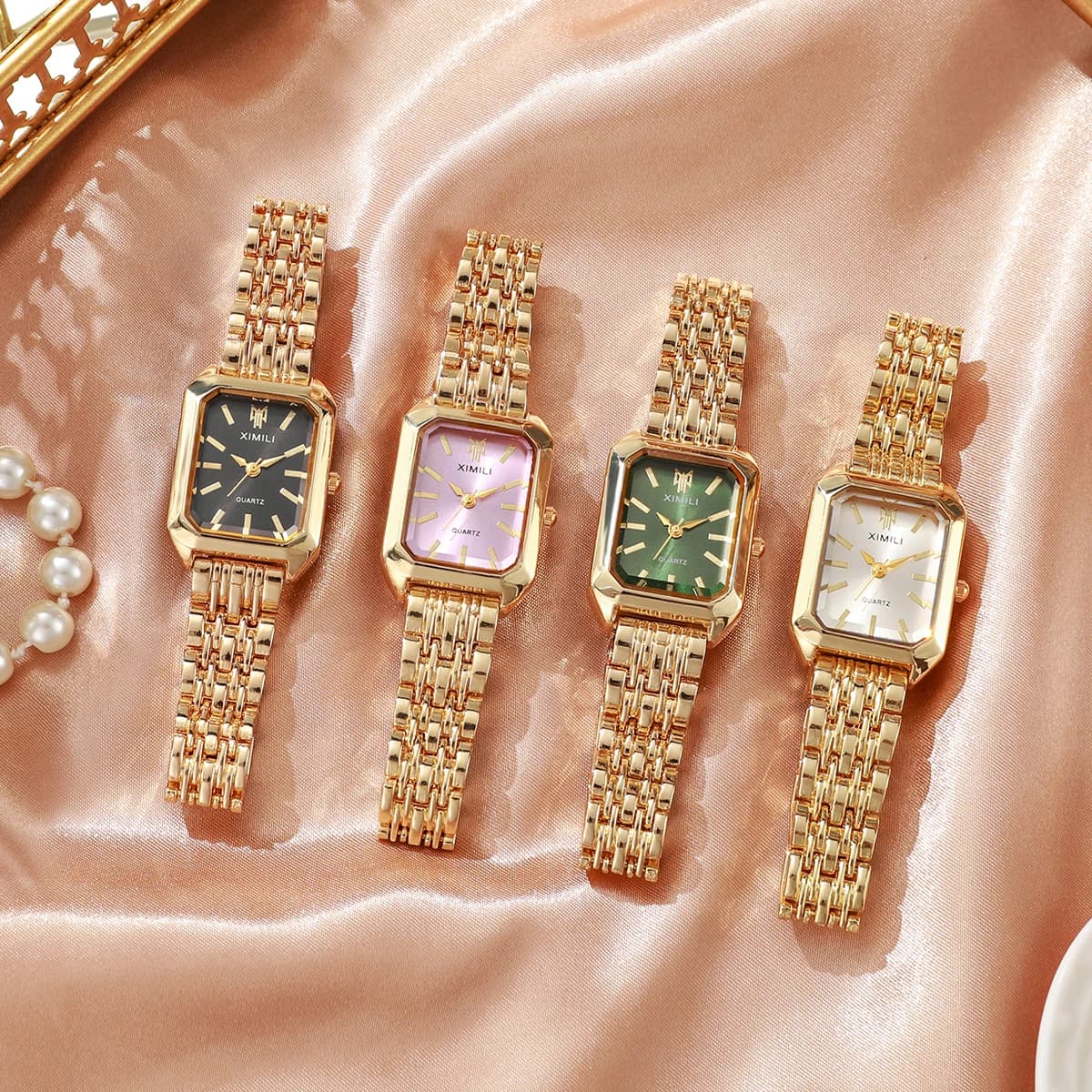 1/2/4PCS Elegante orologio da donna rettangolare al quarzo con cinturino in acciaio inossidabile di lusso, orologio da polso da donna Reloj Mujer（Senza scatola）
