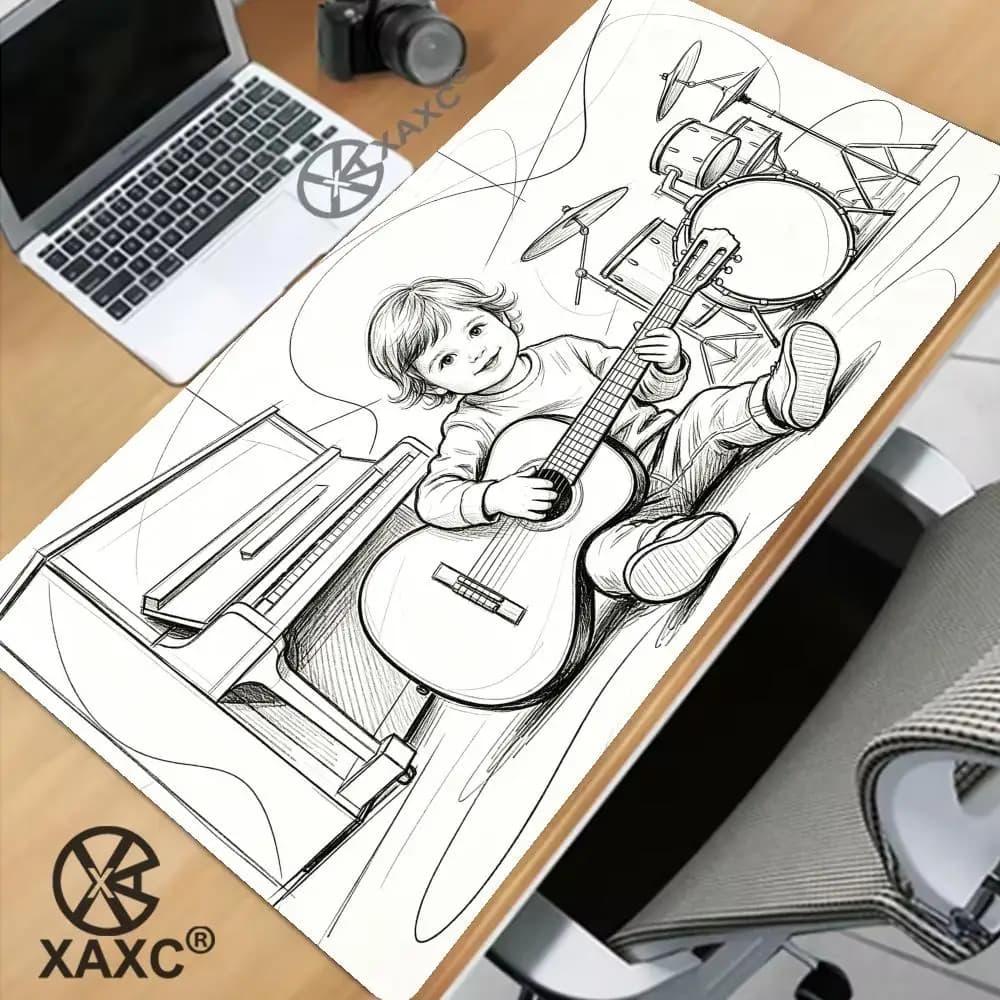 Tappetino per mouse minimalista in bianco e nero, simpatico bambino con chitarra, pianoforte, batteria, schizzo, linea artistica astratta, tappetino da scrivania antiscivolo per casa e ufficio XAXC