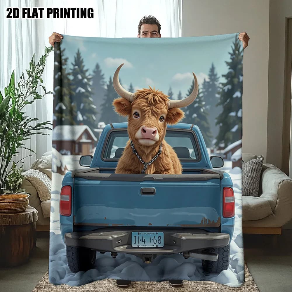 Cute Highland Cow Truck Scene Blanket 150x200cm Large Cozy Fleece Throw Pillow Decor Winter Gift for Sofa Bed