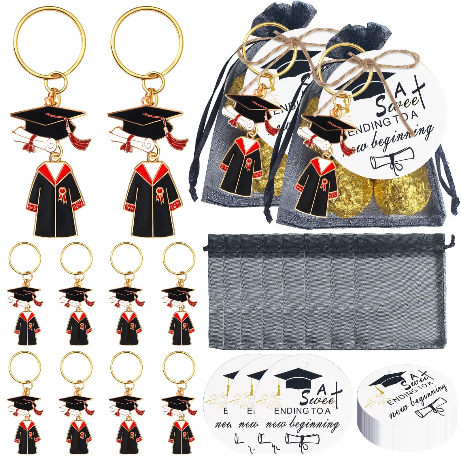 20 Sets Doctoral Cap Graduation Ceremony Keychains Party Decorations with Thank You Labels and Yarn Bags Party Favors