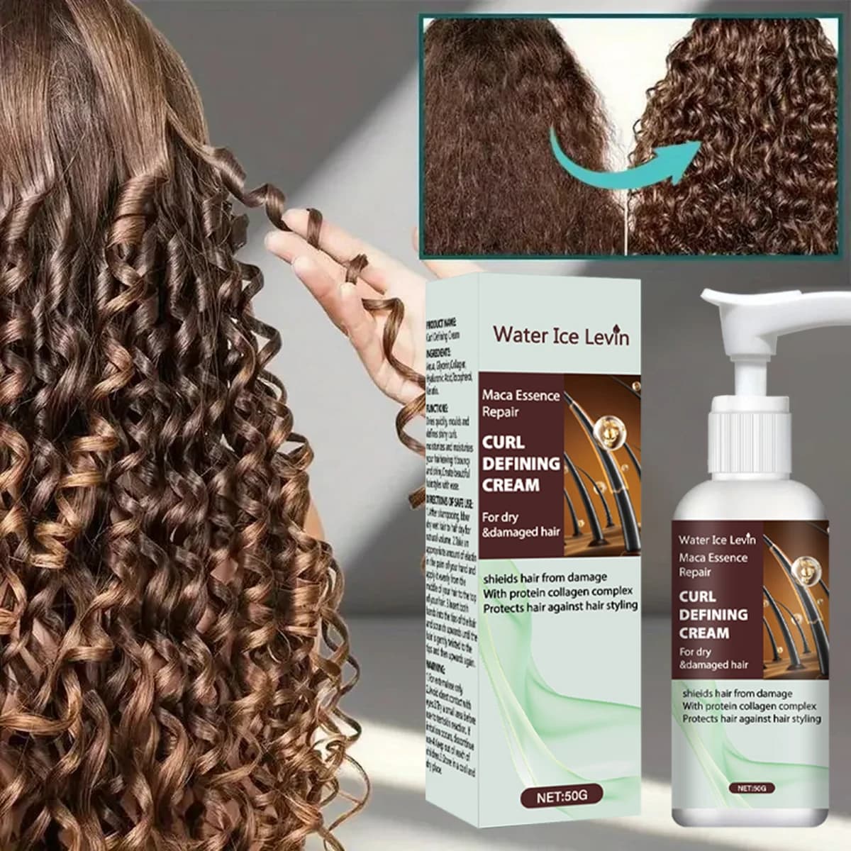 Defining cream for curlings of Maca Essence with keratin and collagen Quick drying formula for rebounding and shiny curls Protection for controlling the cream effect