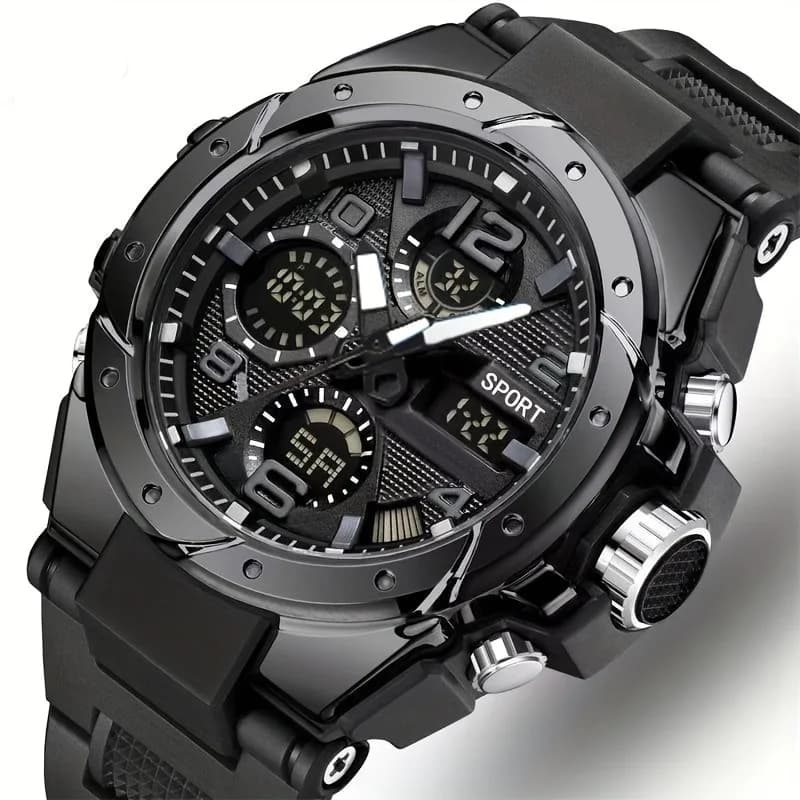 Robusto orologio sportivo da uomo con doppio display - automatico al quarzo e digitale, cassa in lega nera, cinturino in TPU, cronografo e allarme, multifunzione