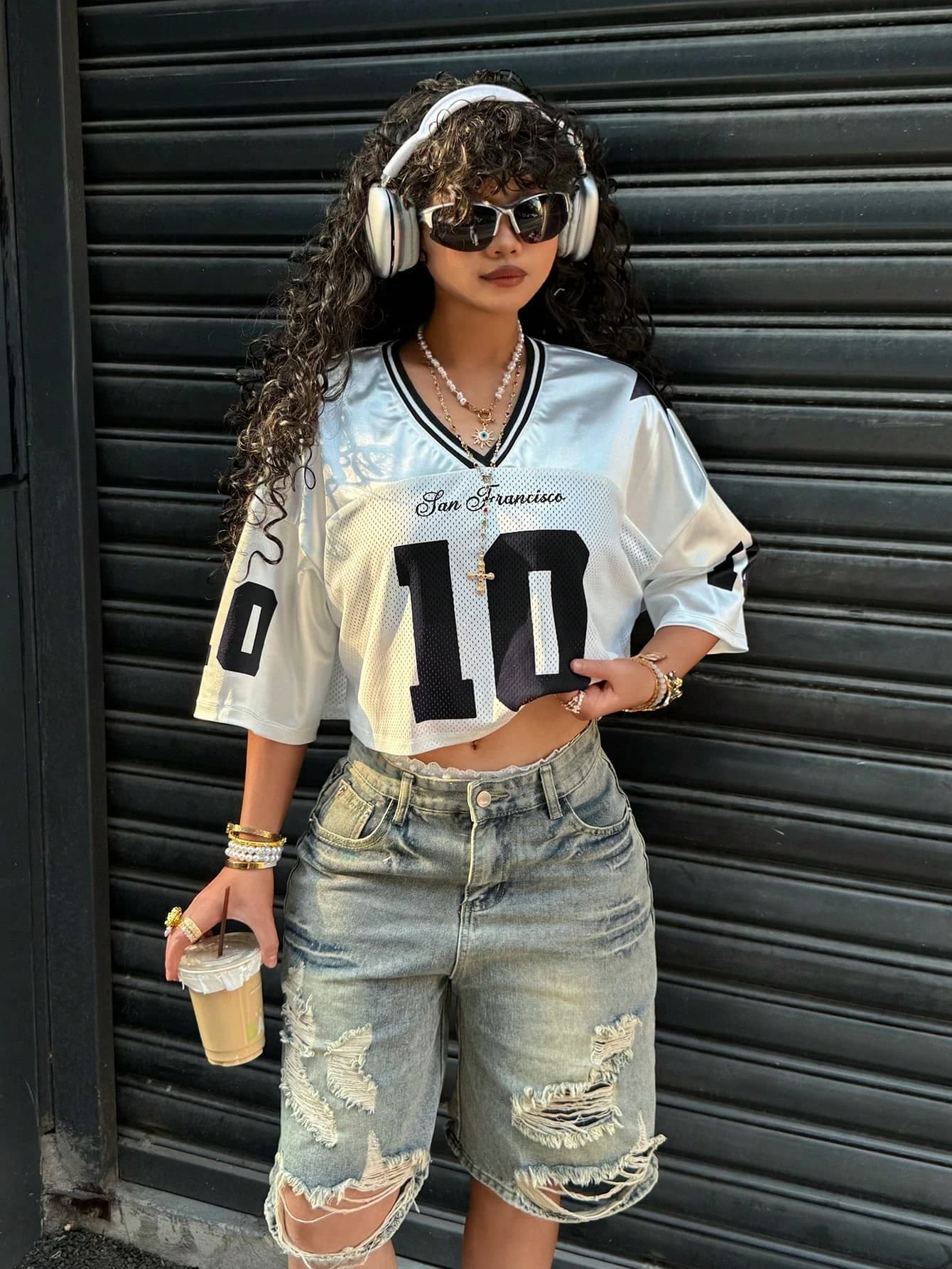Camicia sportiva casual moda Y2K da donna estiva 2025 americana n. 10 T-shirt ampia casual traspirante ad asciugatura rapida con scollo a V in jersey