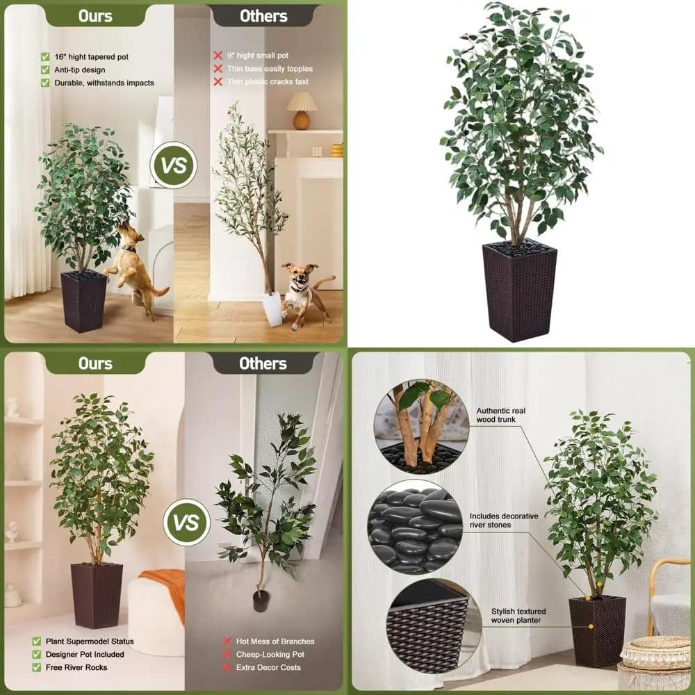 High Artificial Tree with Silk Leaves and Trunk in True Wood, UV Resistant, Indoor Plant and Exterior in Vase for Living and Home