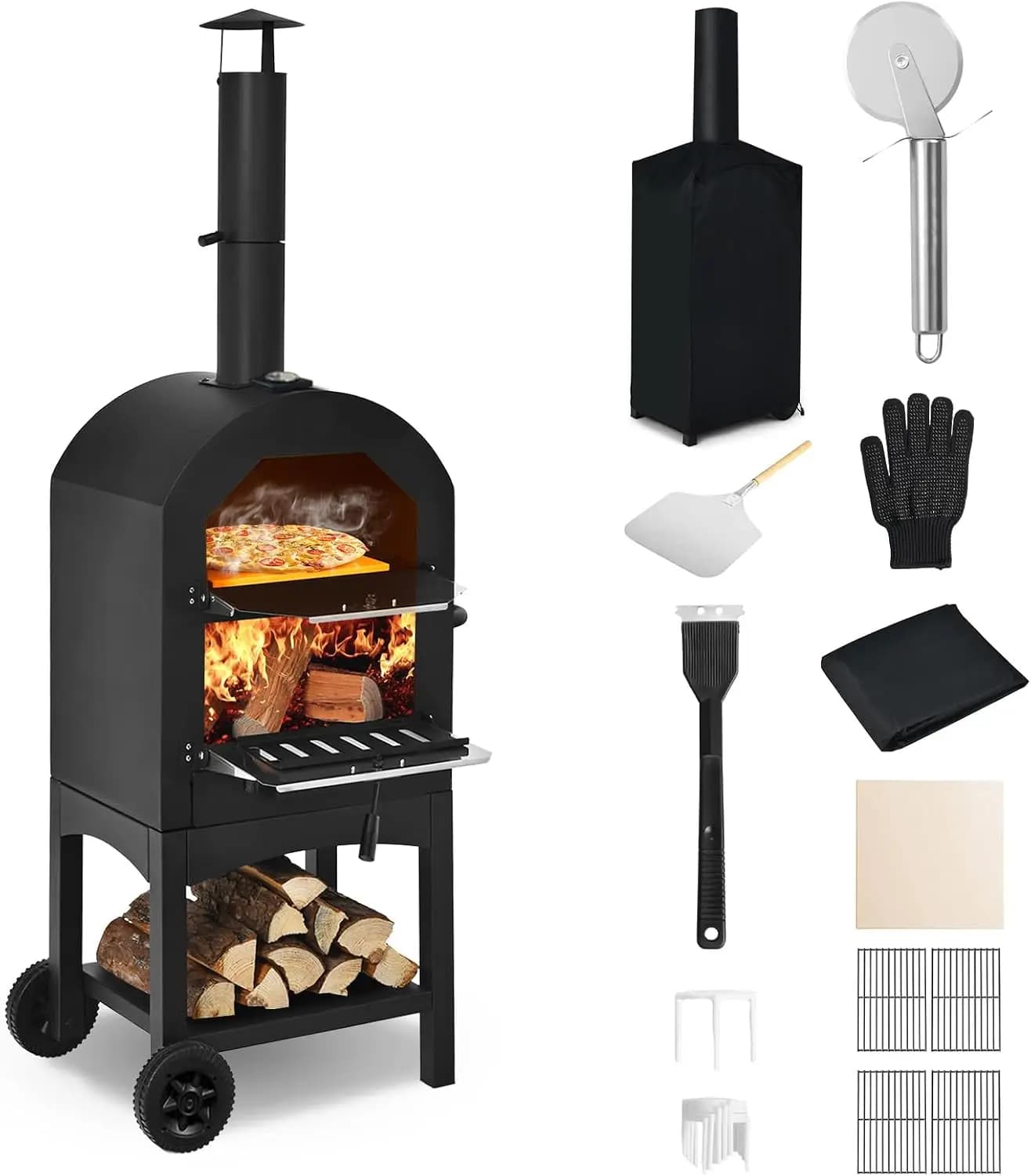 Happygrill Outdoor Pizza Oven Wood Fired with Wheels & Built-in Thermometer | Portable Pizza Maker Grill with Stone, Peel, Cooki