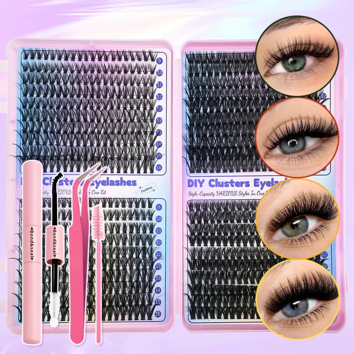 Set of 800 Fin Eyelashes and Accessories - Mixed Lengths 30D+40D+50D+60D (9-16mm), Suitable for Beginners for Home Use and Reusable