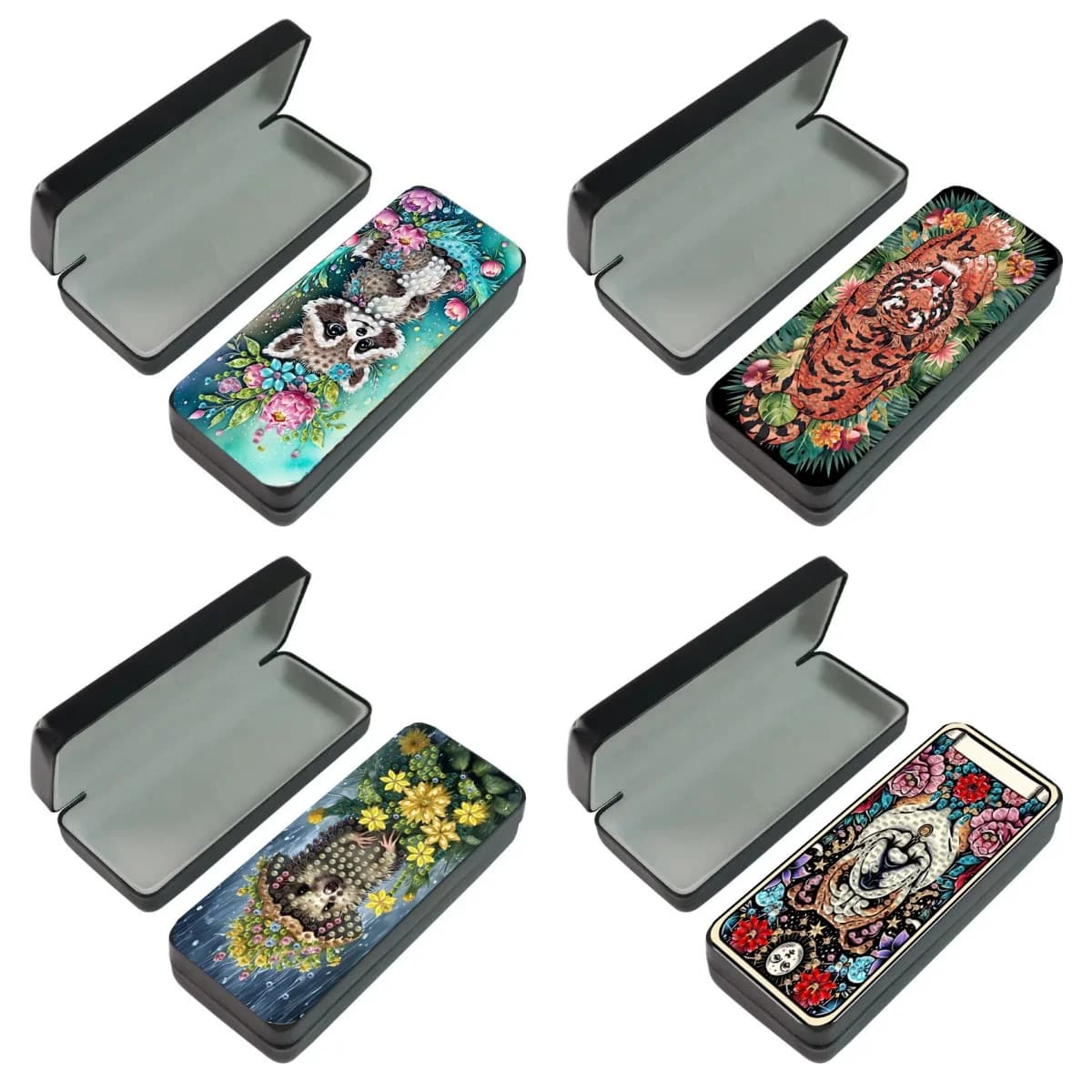 1 custodia per occhiali con set di pittura a colori con diamanti in cristallo, set di custodie per occhiali con motivo artistico animale 5D fai da te