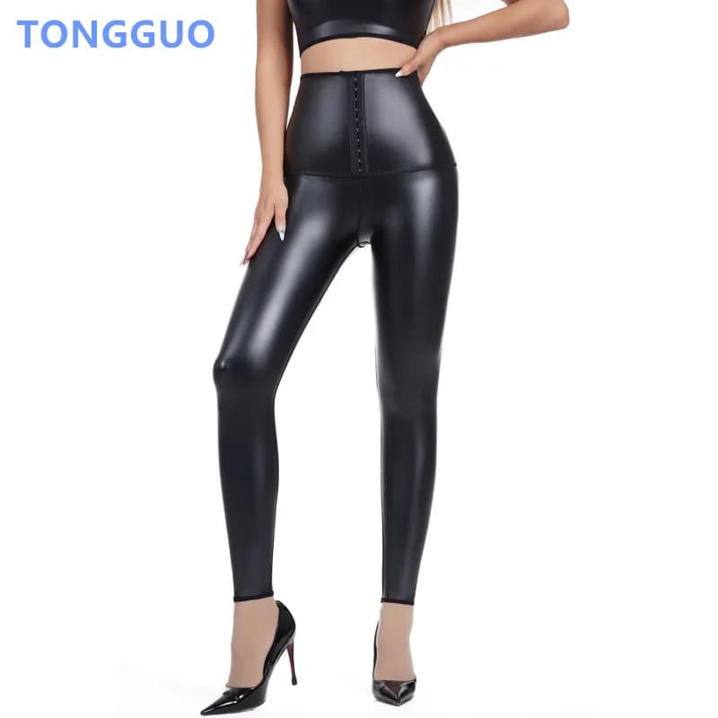 Cool girl Body Shaper Adjustable Leather Leggings High Waist Pants Elastic Collants Waist Trainer Modeling Pants Leather Patterning Pants
