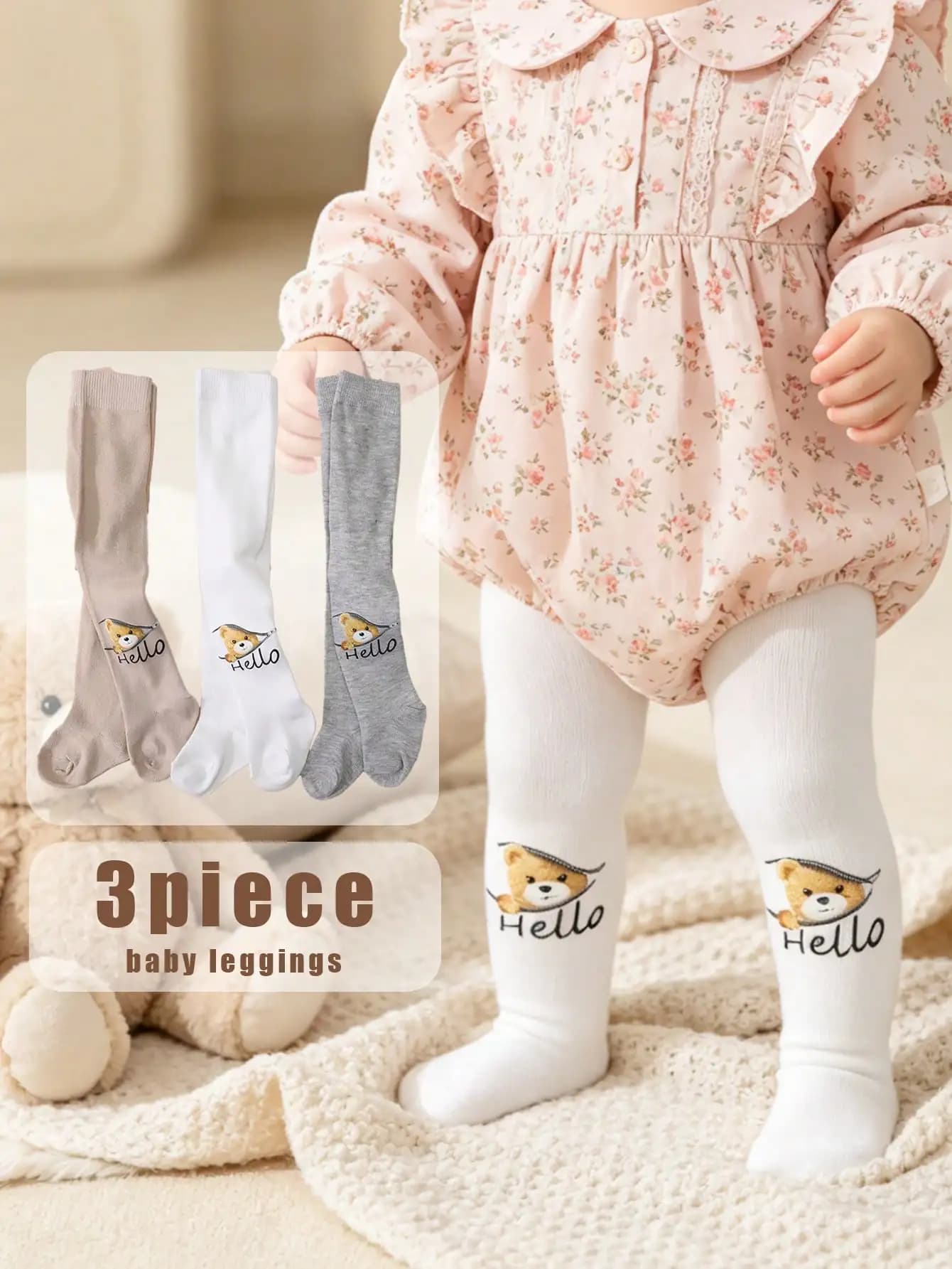 3 Pieces Infant Baby Tights 0‑3 Years Cute Cartoon Bear Print Soft Elastic Knit Leggings Daily Wear Pantyhose For Little Girls
