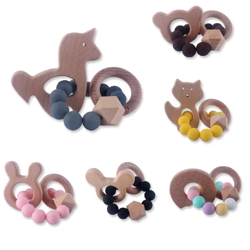 ABCPICK Ins Forma animale Giocattolo per la dentizione del bambino in legno Anello in legno Bracciale per allattamento in silicone per bambini Giocattolo educativo per massaggiagengive Montessori