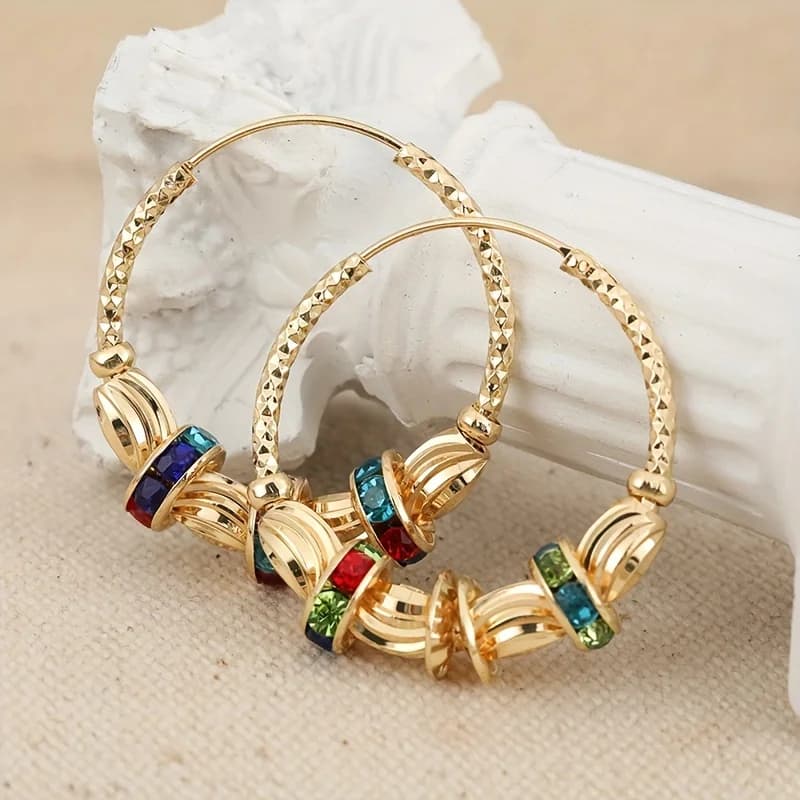 Classic Fashion Gold Color Metal Carving Pattern Inlaid Colored Zircon Hoops Women's Earrings Jewelry
