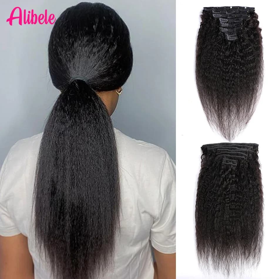Alibele Wholesale Clips in Human Hair Extensions Full Head Clip Ins Hair Yaki Clip Black Natural Straight Ins Human Hair bundles