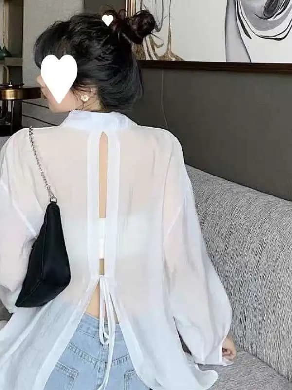 Women's Sun Protective T-shirt with Laces, New Design Cleanfit, Long Sleeve, Collar, Ultra Short Length, Polyester Fiber
