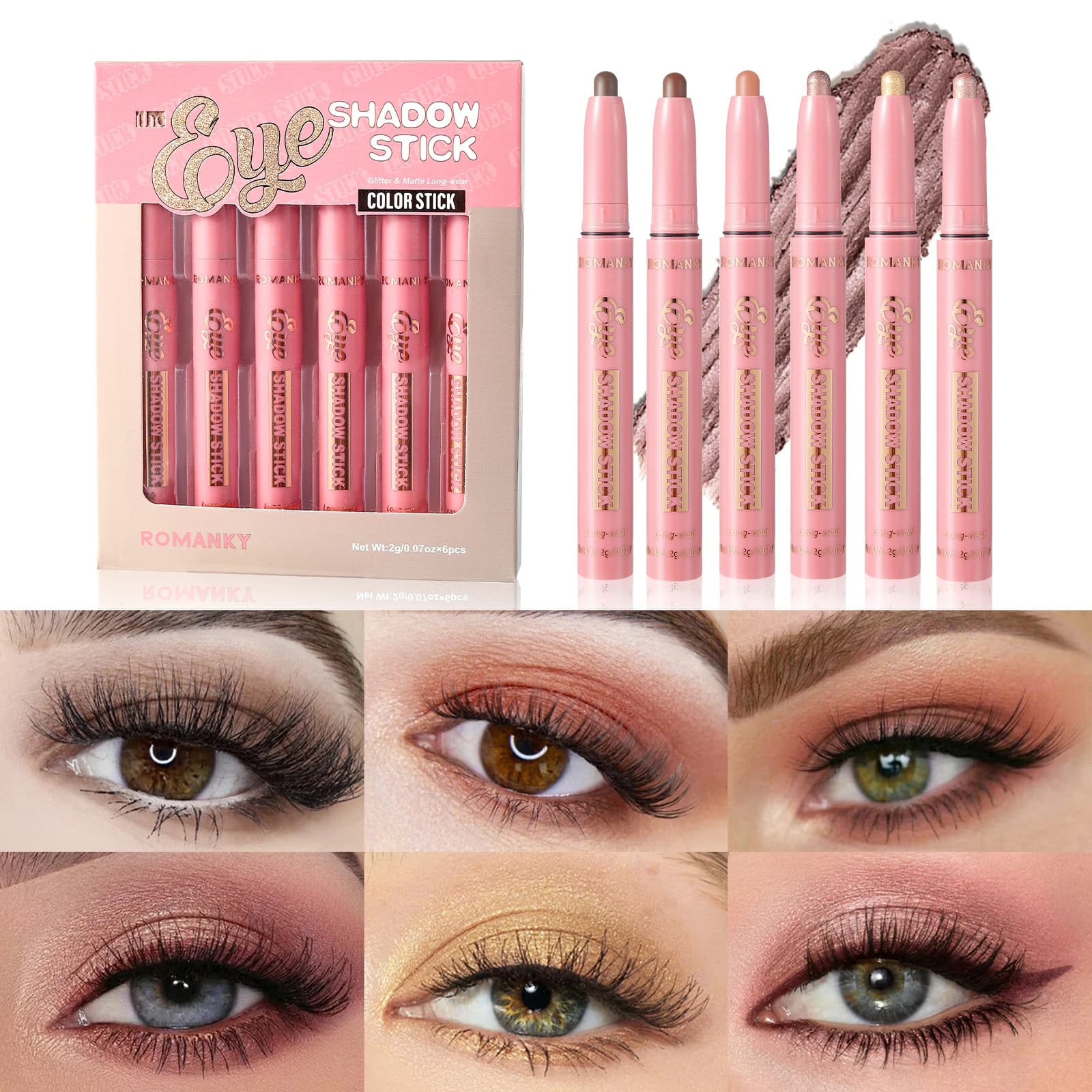 6 pieces Set opaque shade effect natural stick and long-lasting multi-purpose glossy metallic shiny eyelet highlighting