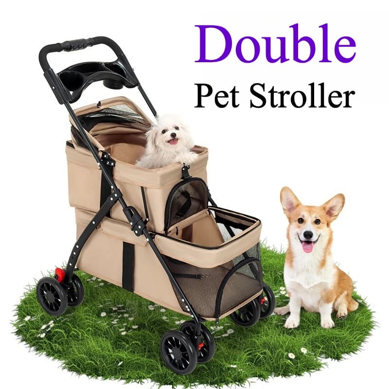 Passeggino Doppio Pieghevole per Animali Domestici, Carrozzina Biposto per 2 Cani o Gatti, Passeggino Gemellare per Cani con Portabicchieri, Ideale per Passeggiate e Viaggi