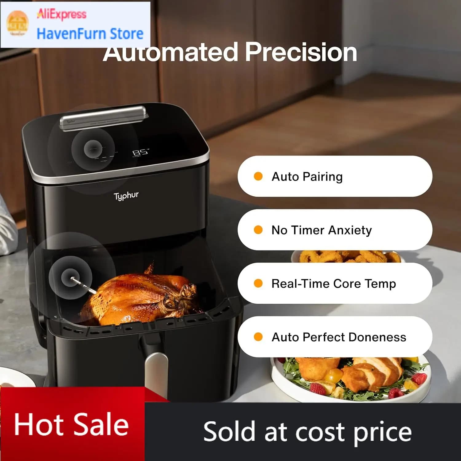Friggitrice ad Aria Intelligente AI Typhur Sync 8QT con Termometro Wireless Integrato per Carne, Friggitrice ad Aria XL 9-in-1 in Ceramica Non Tossica