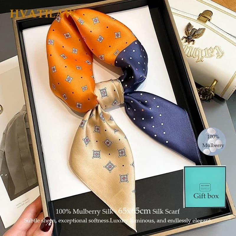 New Women Luxury 100% Mulberry Silk Scarf Female 65cm Square Shawl Wrap Neckerchief Hijab High-end Scarves Pashmina Poncho Hijab