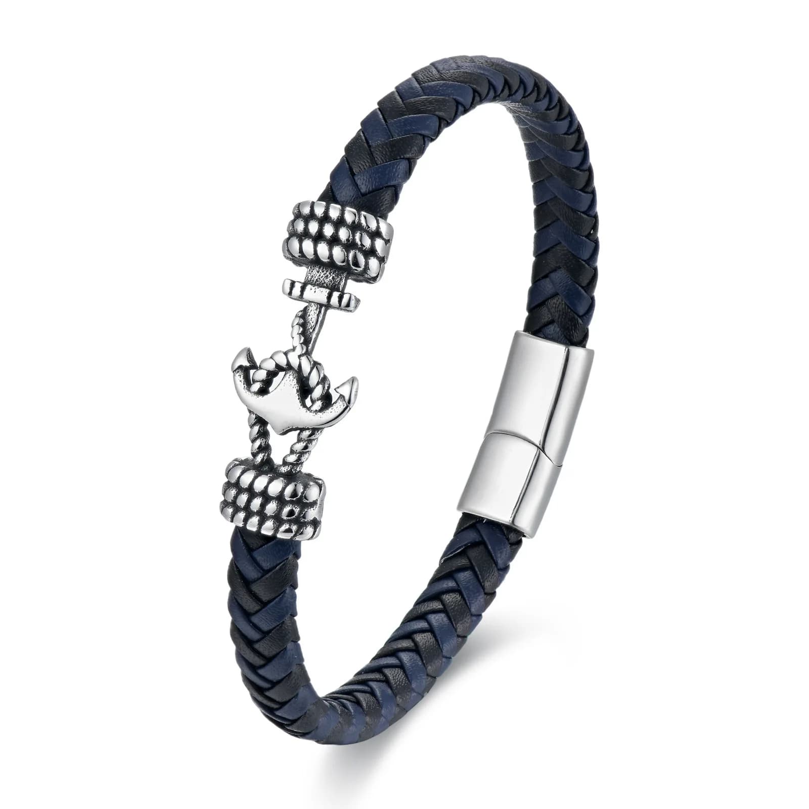 Bracciale da uomo in vera pelle intrecciata da 8 mm con ancoraggio per barca in acciaio inossidabile lavorato a maglia blu/nero accessorio da polso