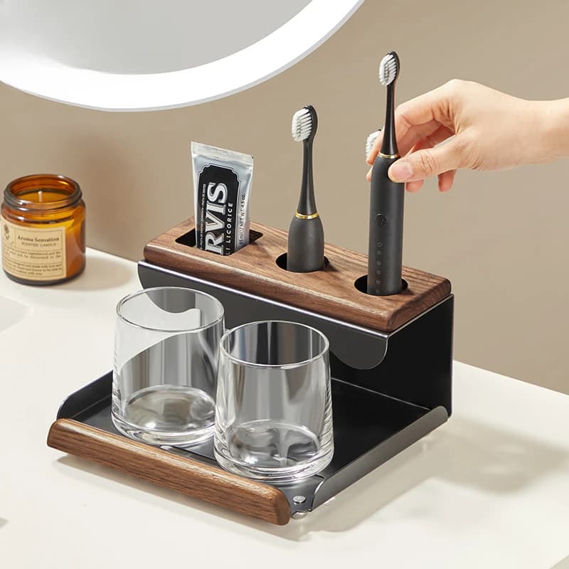 Bagno Bagno Vanity Top Tazza per denti Dentifricio Collutorio Tazza Organizzatore Porta spazzolino elettrico in noce