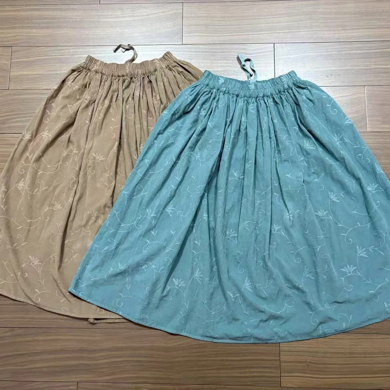Heavy Embroidery Pure Cotton Fine Corduroy Elastic Waist A-Line Skirt Women's Summer New Style Casual High Waist Cotton Fabric