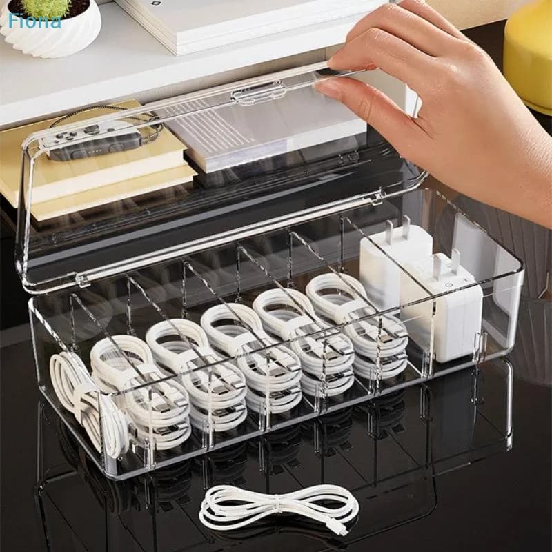 ☭Transparent Plastic Data Cable Storage Box Household Mobile Phone Charger Divided Grid Finish Box