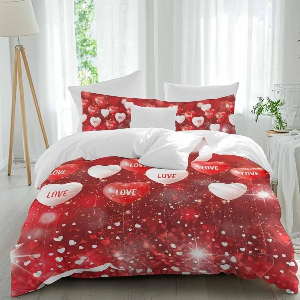 Set di Lenzuola per San Valentino, Rosso e Bianco con Cuori e Palloncini, Set Copripiumino Traspirante con Glitter Rosso, 4 Pezzi