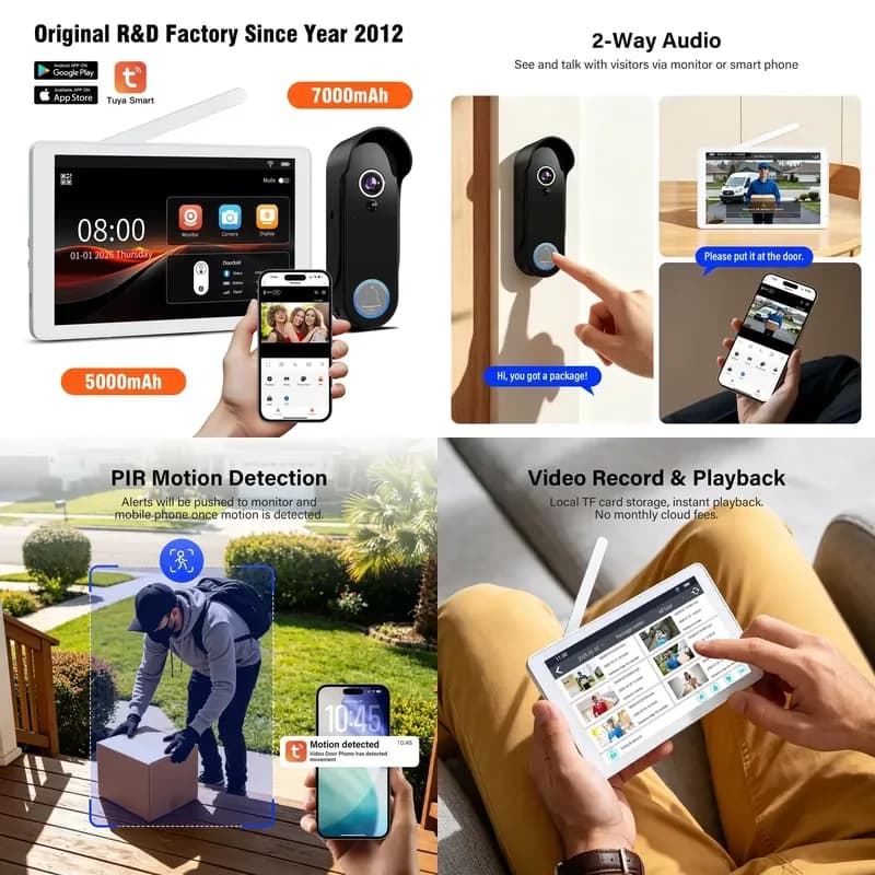 Smart Doorbell 8-Inch Touch Screen Wireless Video Door Phone 1080P Camera Motion Detection Water