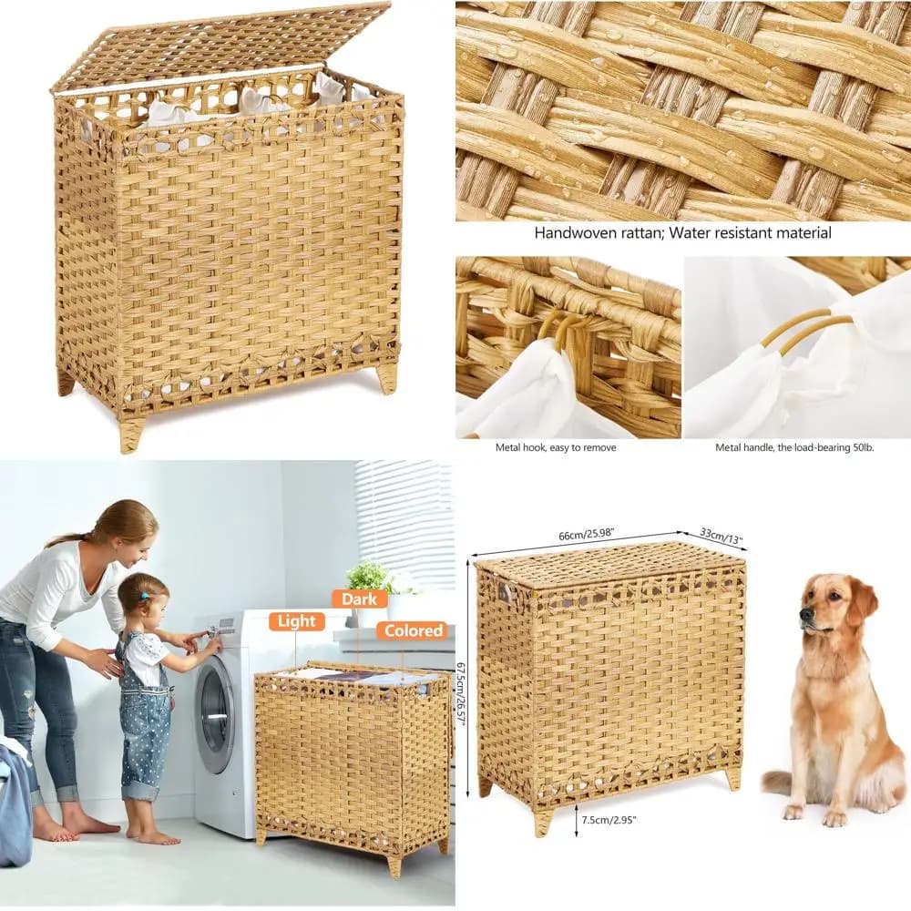 Cesto per Bucato in Rattan con 3 Scomparti Rimovibili, Coperchio e Altezza Migliorata; Cesto Portabiancheria con Manici Laterali; Organizzatore per Bucato a 3 Sezioni
