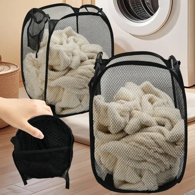 Folding Laundry Sorting Basket, Collapsible Mesh Bag with Washing Frame, Large Capacity Bathroom Storage Organizer, Easy Fold