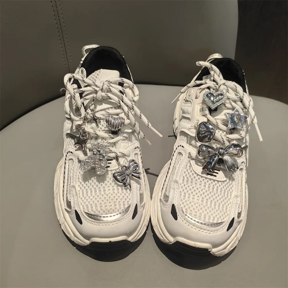 1 pz nuovi lacci per scarpe fibbia fiore argento amore diamante fiocco lacci sportivi fibbia decorativa scarpe ciondoli