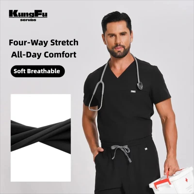 Divisa Chirurgica KUNGFU SCRUBS per Uomo, Maglietta con Scollo a V Antibatterica, T-shirt per Infermieri Morbida e Traspirante a Maniche Corte per Dottori/Infermieri