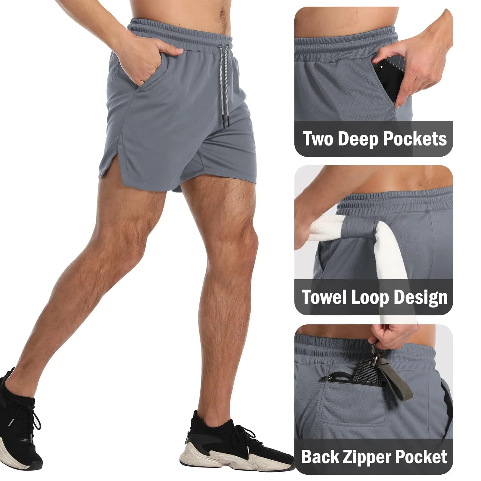 Men's Running Shorts Fitness Sports Shorts 2 in 1 Quick-drying Sports Training Fitness Jogging Shorts Drawstring Belt Towel Ring