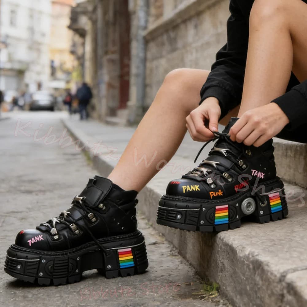 Stivali Platform Colorati con Graffiti da Donna, Sneaker Punk Rock con Suola Spessa, Strisce Arcobaleno, Scarpe Gotiche Y2K, Eleganti e Resistenti, alla Moda