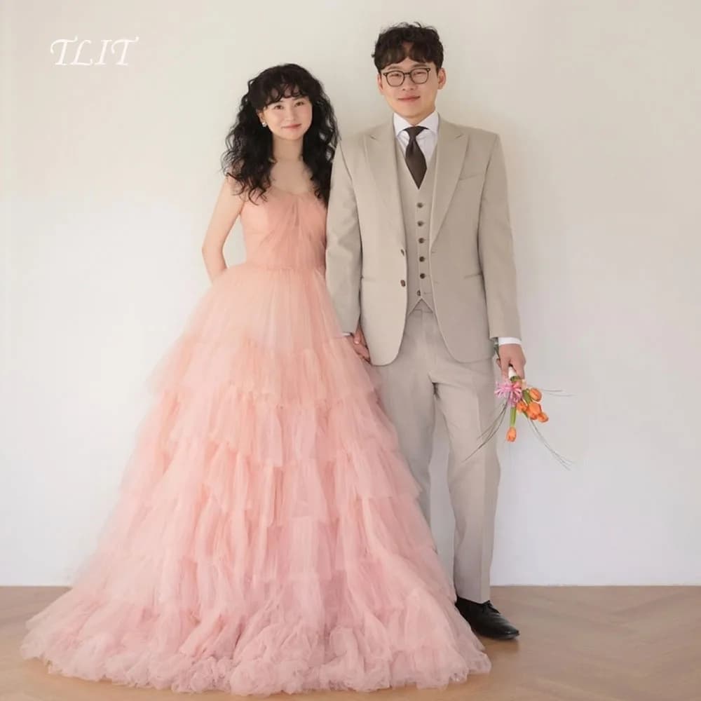 TLIT Abito da sera multistrato in tulle di seta rosa chiaro fata Abito da sposa coreano Servizio fotografico Abiti da ballo con spalle scoperte Personalizzati