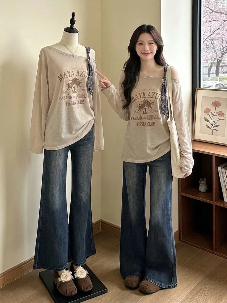 Khaki Silk Scarf Tied Single Shoulder Sun Protection Shirt T-Shirt Women Summer New Large Size plus Size Mid-Length Top