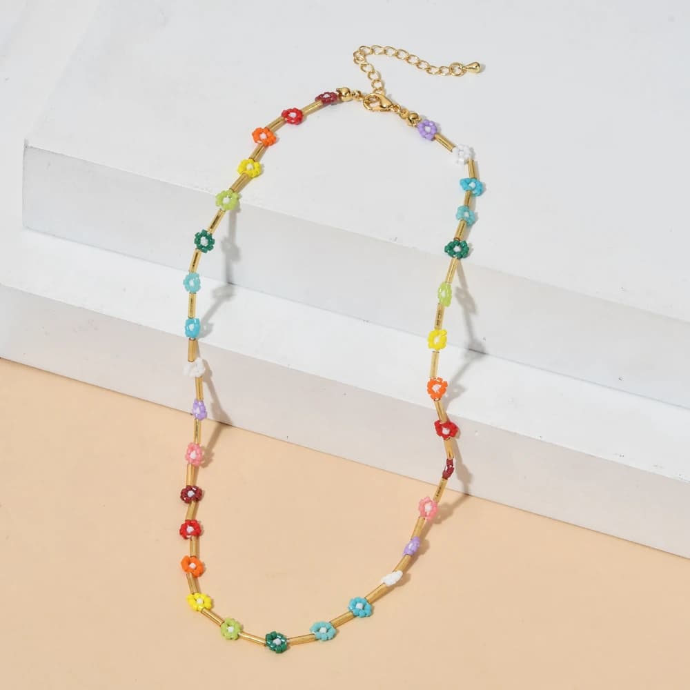 ZMZY 2025 Trend Bohemia Rainbow Colors Seed Beads Chain Choker Necklace For Women Boho Fashion Cute Flowers Accessories Jewelry