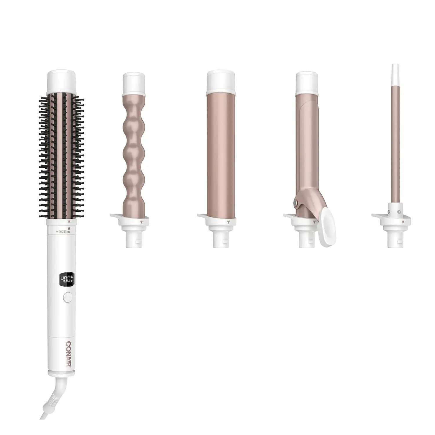 Set Arricciacapelli 5-in-1, Ferro Arricciacapelli Doppio in Ceramica per Ricci, Onde e Styling, 6 Impostazioni di Calore, Bianco/Oro Rosa