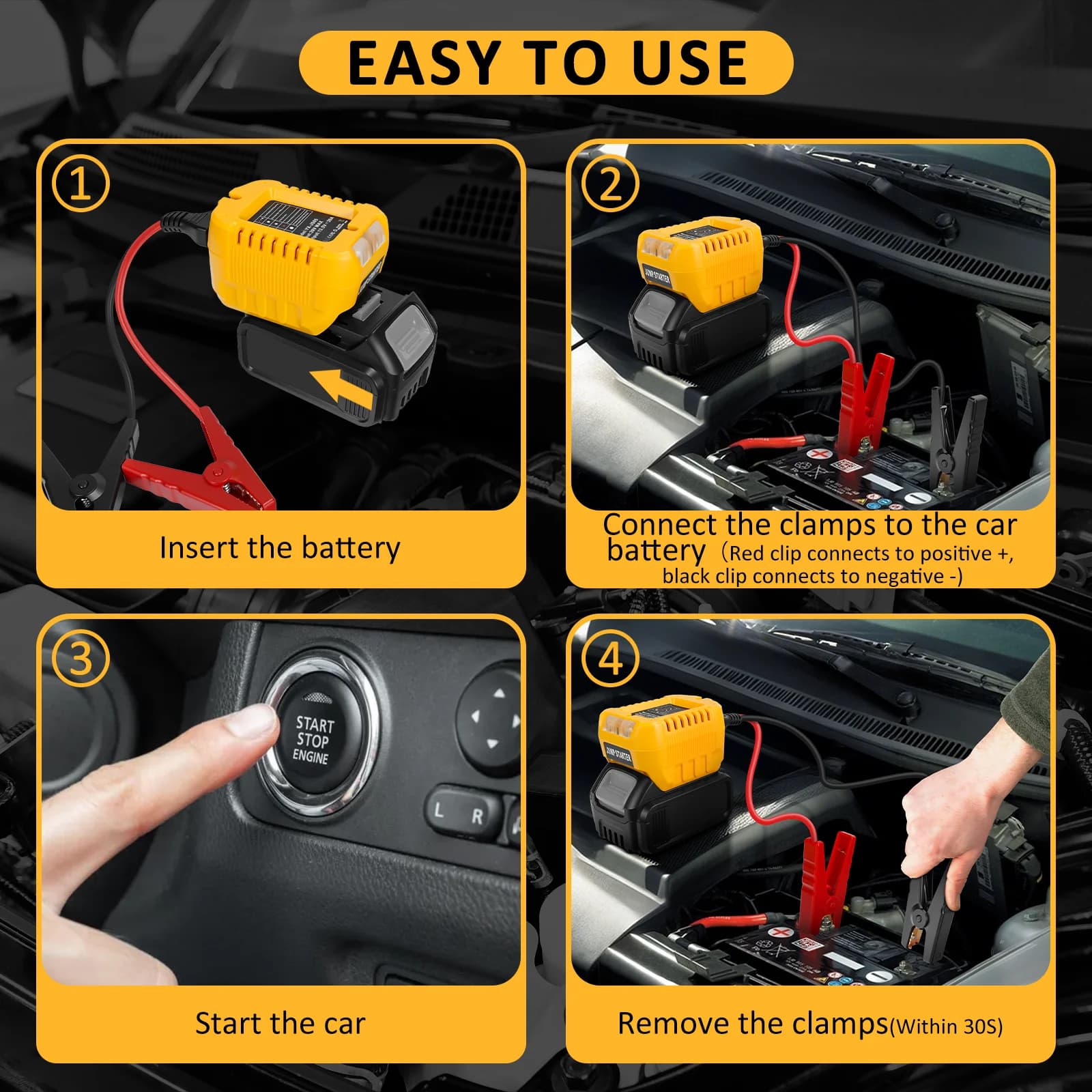 Avviatori di Emergenza per Auto e Moto con Adattatore a Pin per Batteria Dewalt 20V, Cavi Booster per Avviamento Veicoli