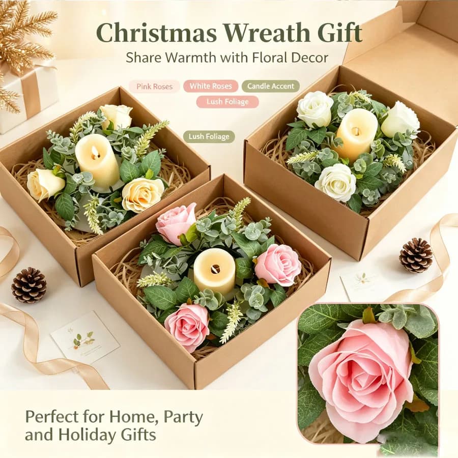 Artificial Rose Wreath Shaped Candlestick Floral Garland Desktop Candle Holder Christmas Wedding Birthday Party Table Decor