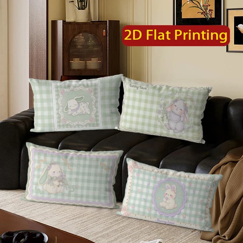 Fodere per cuscini Kawaii Bunny Gingham adatte per divano, camera da letto, auto, cuscino rettangolare per schienale