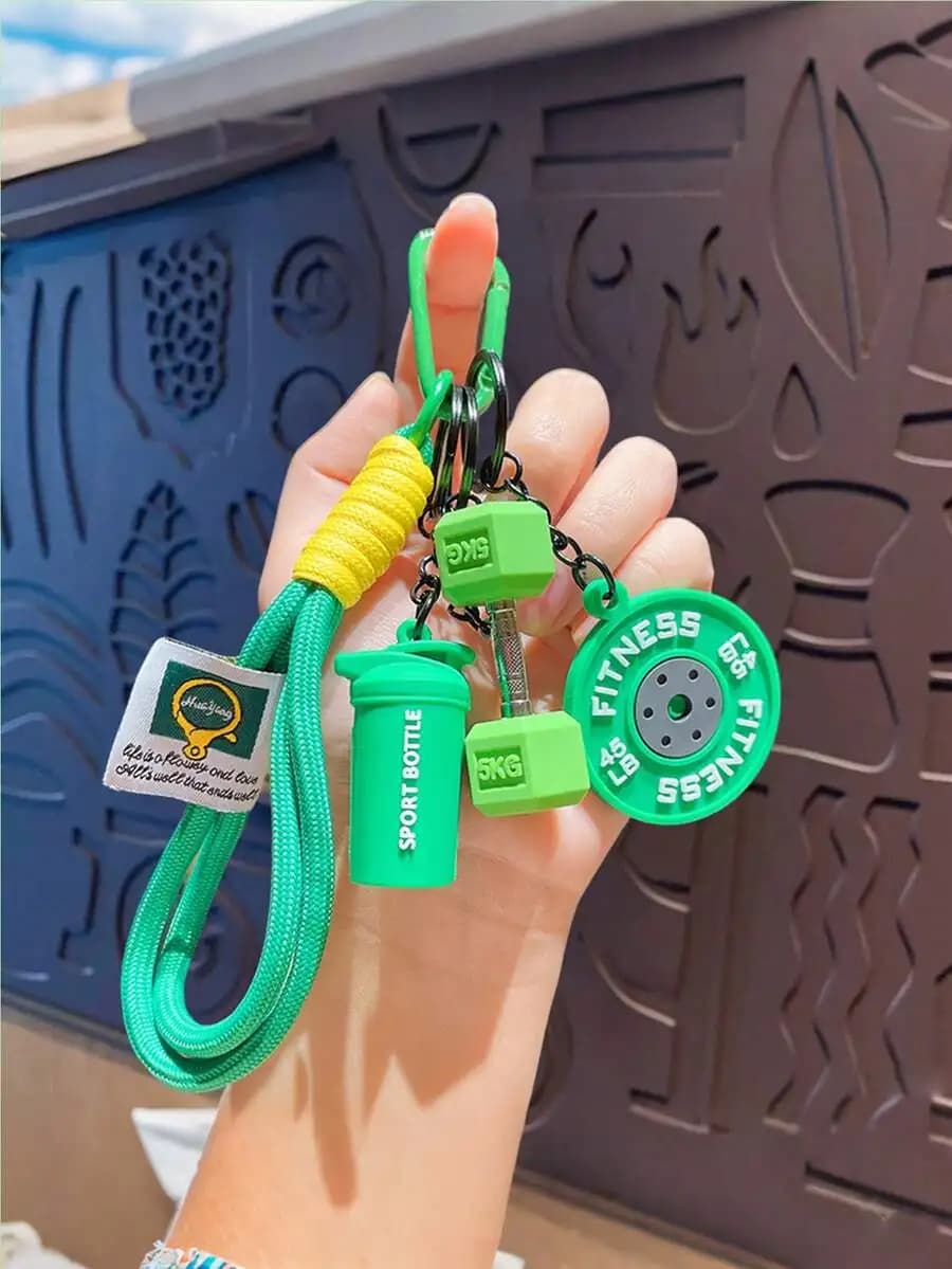 Fitness Themed Keychain With Dumbbell Sport Bottle And Weight Plate Charms Green Rope Carabiner Key Ring
