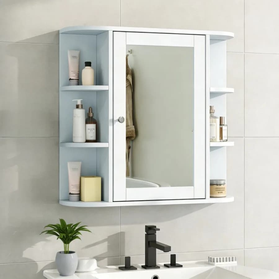 Armadietto da parete per bagno con specchio, armadietto porta medicinali con ante e ripiani in legno regolabili, armadietti a parete con 6 ante