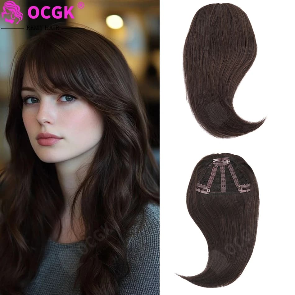 100% Human Hair Side Bangs Clip Color 4 Medium Brown Invisible Natural Straight Fringe Hair Extensions