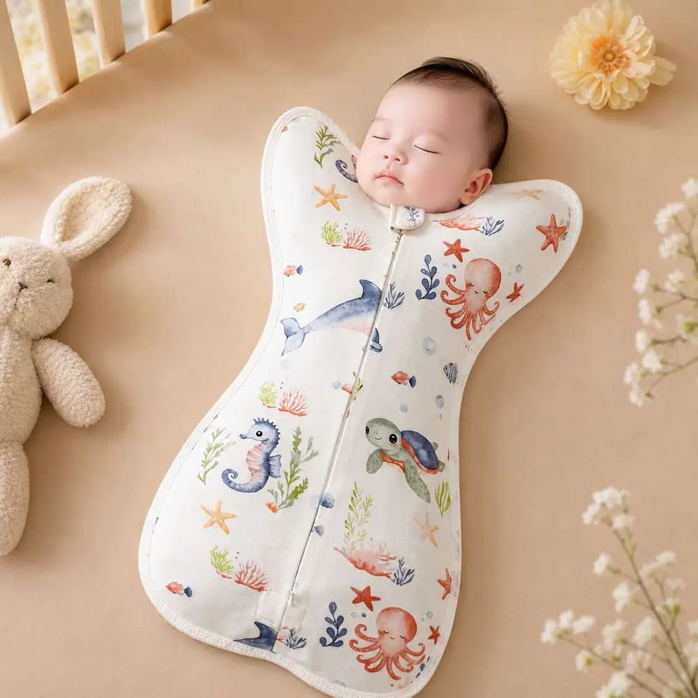 Cotton Baby Swaddle Blanket Anti Startle Zipper Closure Newborn Sleep Sack Printed Pattern Arms Up Shape Swaddle Sleeping Bag