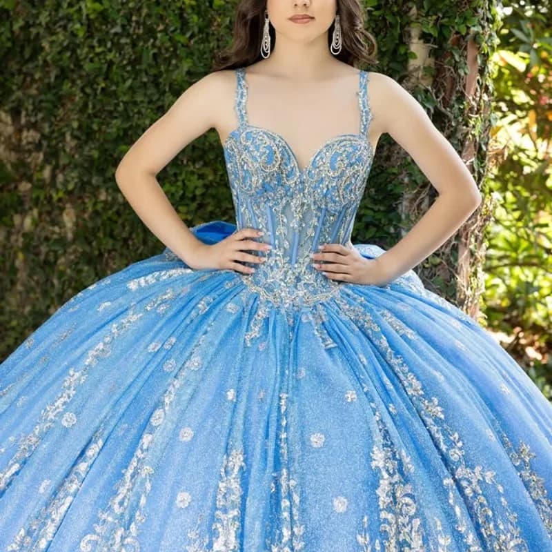 Personalizzato lucido blu royal con spalle scoperte Abito Quinceanera con paillettes applique Tull fiore 3D Coda lunga abiti da 15 Quinceanera