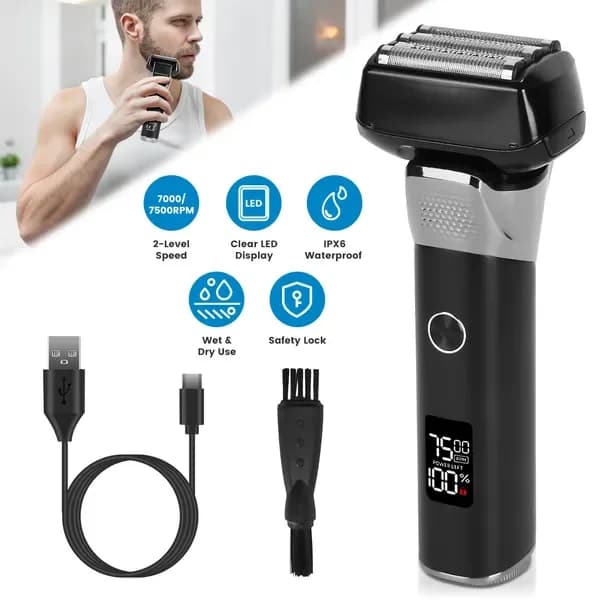 Electric shaver for face with foil, 5 blade electric shaver for man, for wet and dry shaving, facial beard and contour finishing, precision shavers for mustache, IPX6 waterproof with LED display and brushes for cleaning GPCT5466