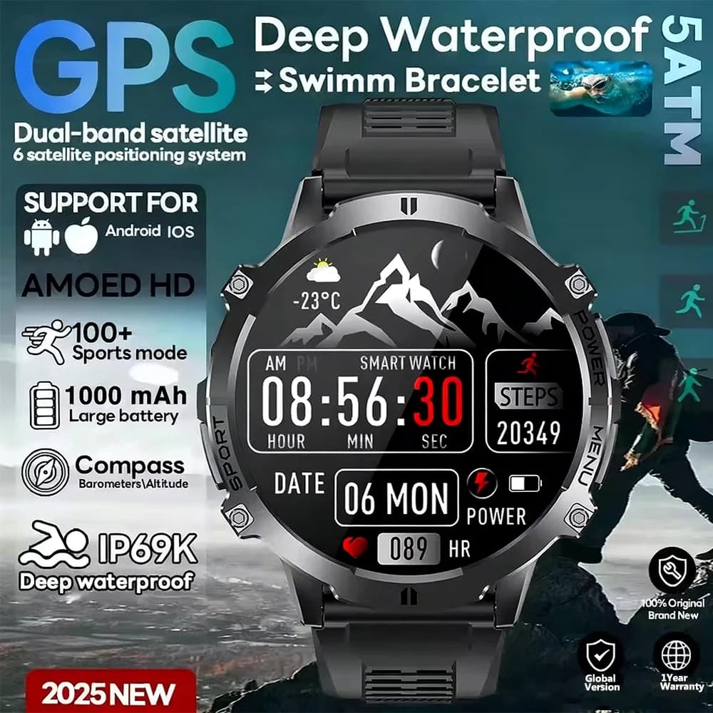 2025 T Rex 3 GPS militare integrato Smart Watch da uomo AMOLED 1000mAh Batteria altimetro impermeabile Sport fitness all'aperto Smartwatch