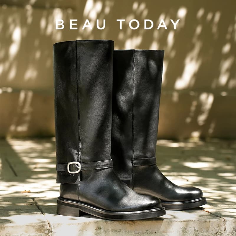 BEAUTODAY Tube Boots Women Cow Leather Solid Color Slip-on Round Toe Buckle Decoration Ladies Flat Heel Shoes Handmade 01498