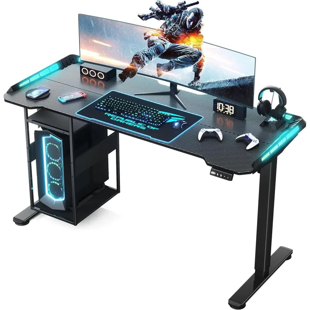 Scrivania Elettrica Regolabile in Altezza con Illuminazione LED e Sincronizzazione Musicale, Tavolo da Gaming 55 x 24, Gestione Cavi, Design in Fibra di Carbonio per Ufficio Domestico