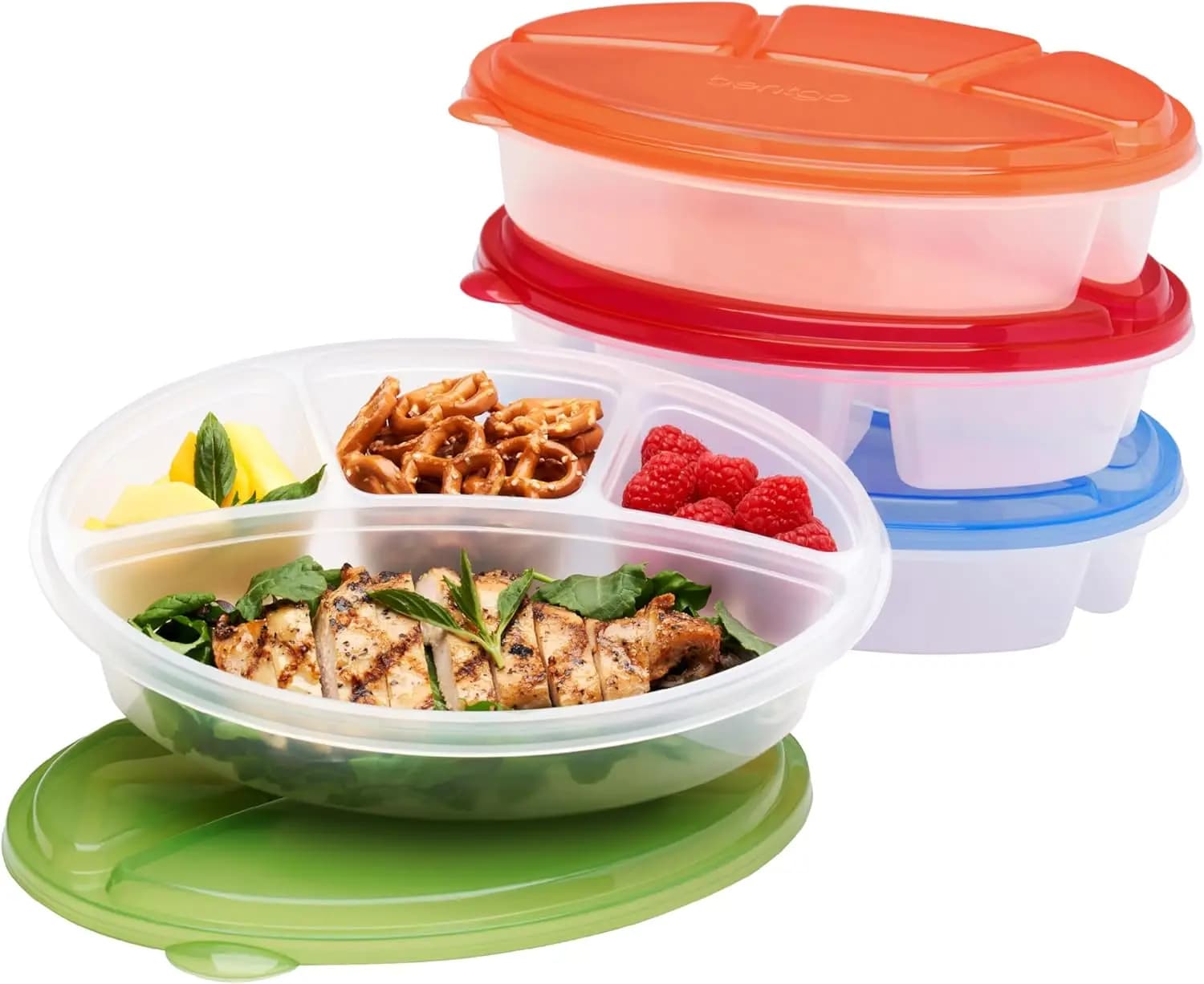 Set di 8 Contenitori Ovali per Preparazione Pasti con 4 Scomparti e Coperchi, Senza BPA, Impilabili, Lavabili in Lavastoviglie